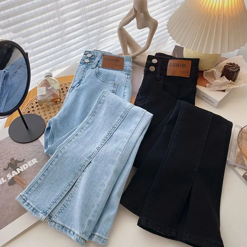 

2026 New Women High Waist Stretch Flared Jeans Slim High Street Style Split Hem Bootcut Denim Pants Fashion Design Trousers