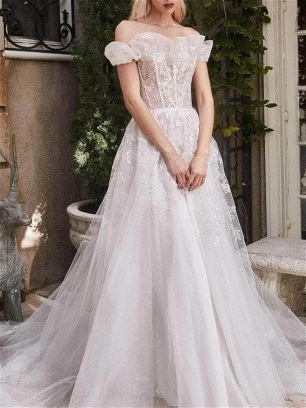 

Elegant Appliquéd Wedding Dress 2024 Charming Off-Shoulder Bridal Dress Graceful Tulle Floor-length Dress Vestidos De Novia