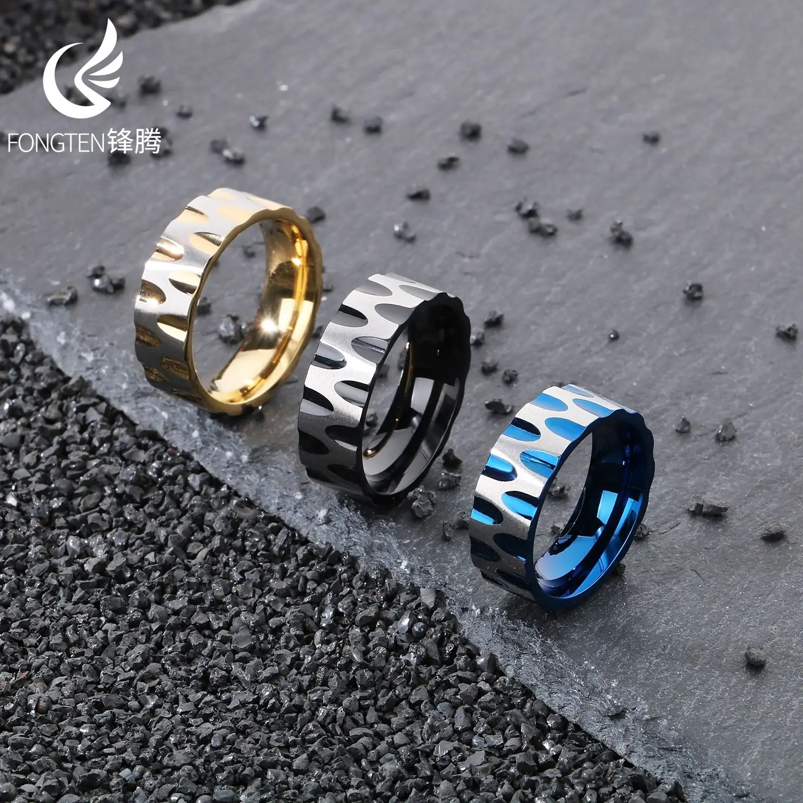 Fongten Light Luxury Oval Groove Men's Stainless Steel Rings Cool Anime Aillons Brother Boyfriend Birthday Gift Fashion Jewelry