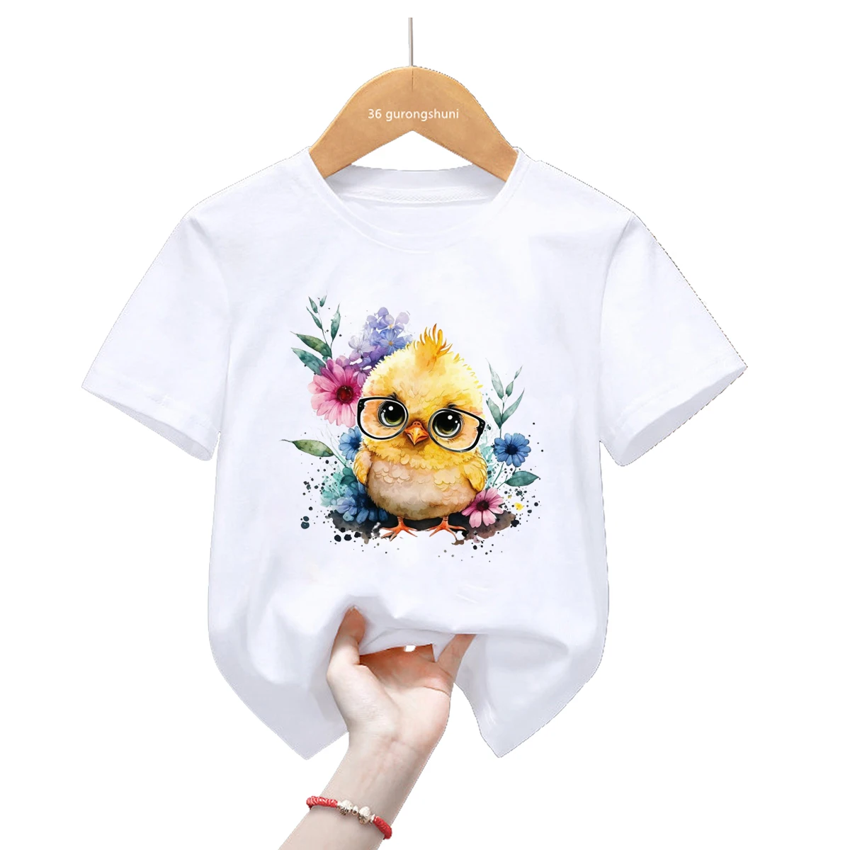 Camiseta divertida con estampado de flores de pollito para niñas y niños, ropa Kawaii para niños, camiseta blanca/Rosa/amarilla, camiseta Harajuku, Tops de verano