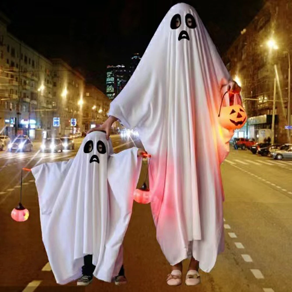 White Ghost Costume Hooded Sheet Cape Scary Face Halloween Cosplay Poncho Robe Masquerade Party Stage Show Trick or Treat Outfit