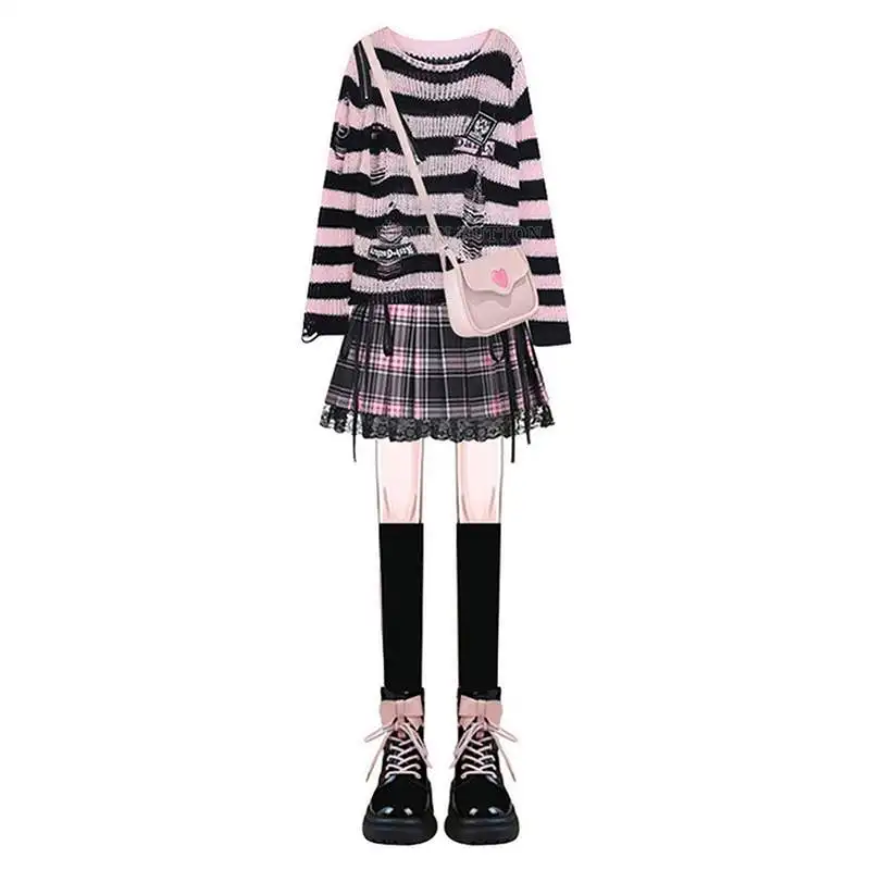 

Spicy Girl Large Size Autumn Set Design Hollow out Knitted Sweater High Waist Plaid Lace Skirt Two Piece Set Faionable...