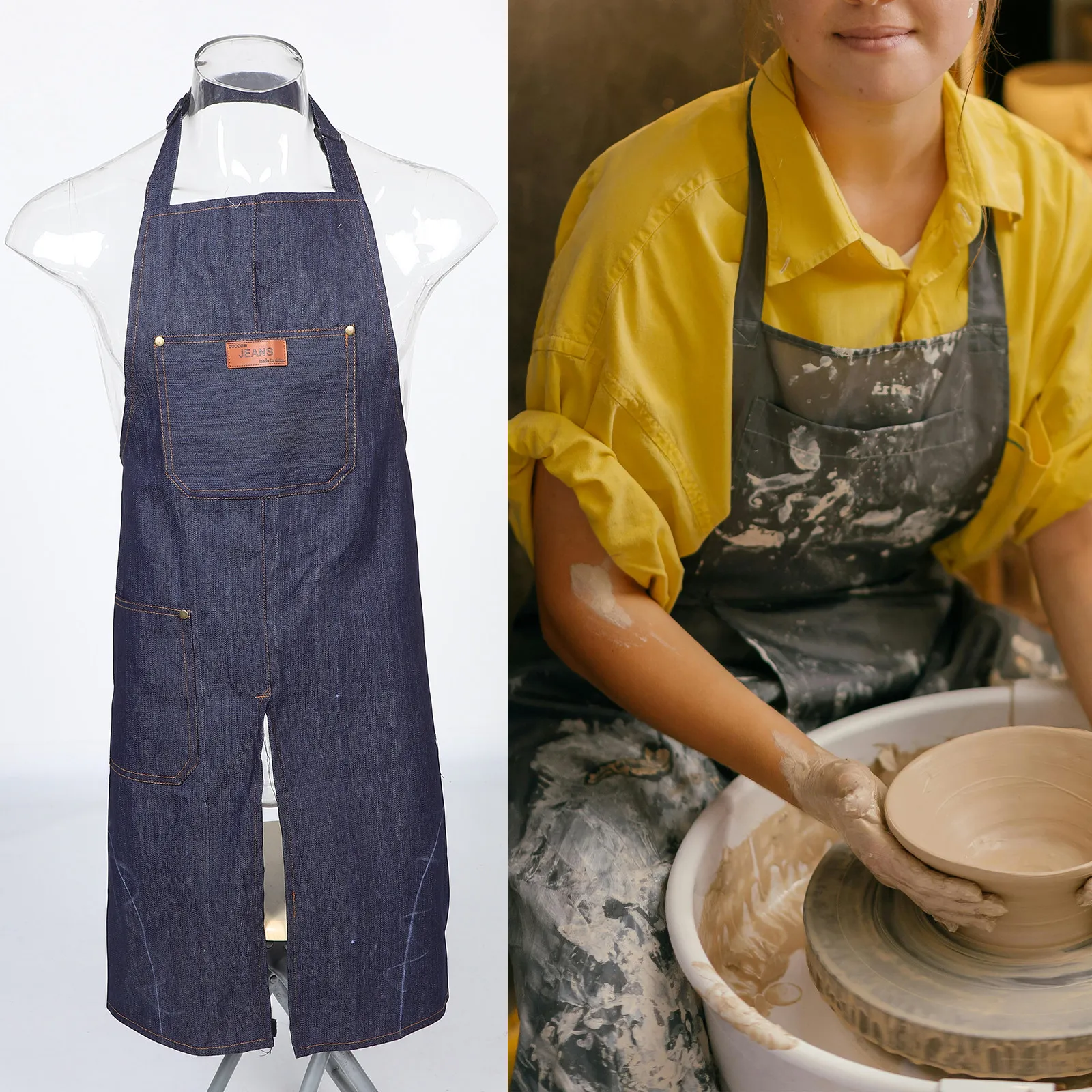 Denim Pottery Apron Adjustable Split Leg Apron Tool Pockets for Painting Ceramic Craft Studio Women's Kitchen Aprons