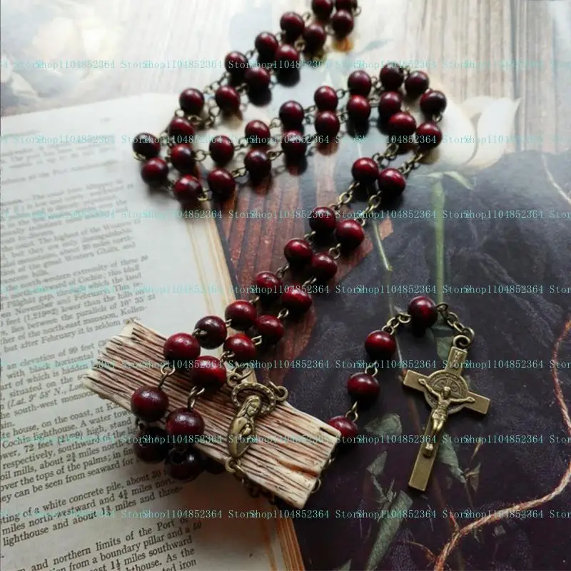 Natürliche Holzperlen für Kreuz-Anhänger-Halskette, christliche Rosenkranz-Halskette, handgewebte Halskette, Jesus, katholischer religiöser Jude – Detail 1