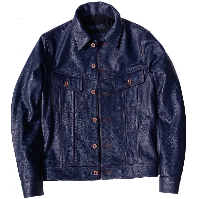 LNY!100% real leather Cuero Super slim blue genuine leather jacket.men classic casual short young cowhide coat.fashion 천연 가죽