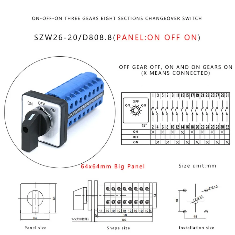 Easy Installation Rotary Switch Electrical Circuit Selector SZW26-20 3 Position Rotary Switch 20A Rated Current