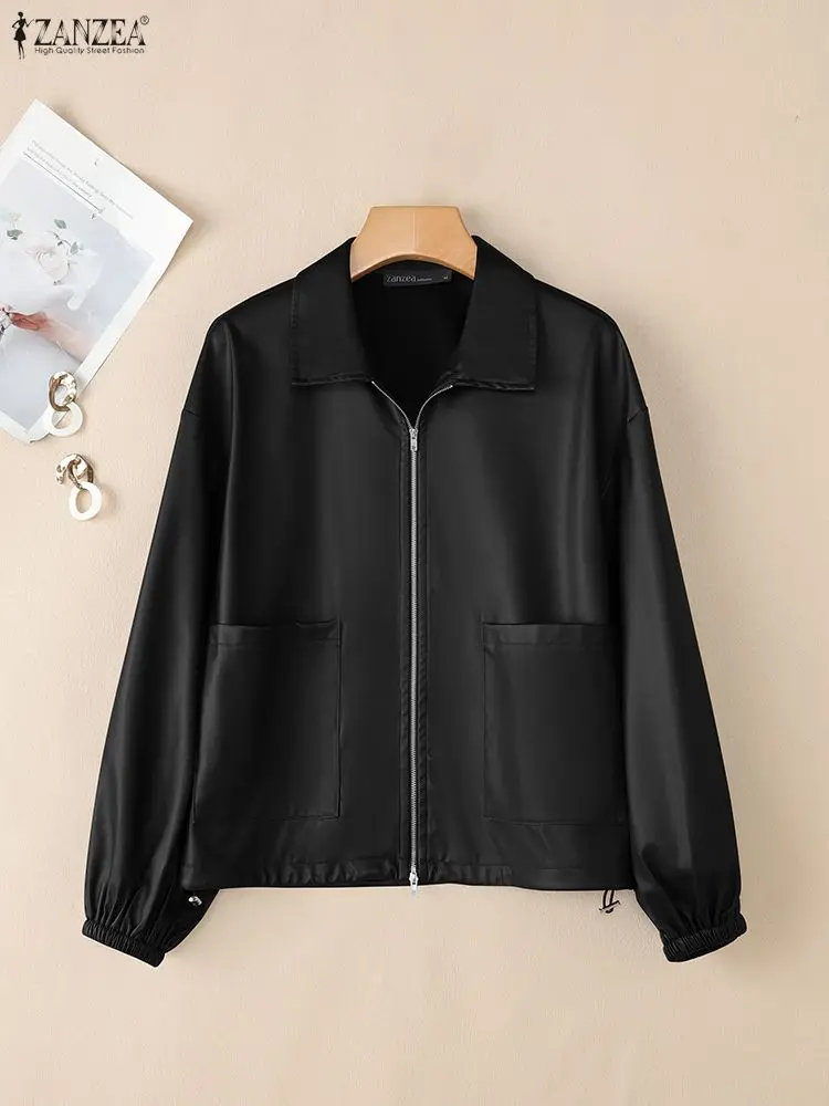 

ZANZEA женские черные куртки из искусственной кожи FW 2025 модные однотонные пальто из искусственной кожи с лацканами и длинными рукавами на молнии уличная одежда S-3XL