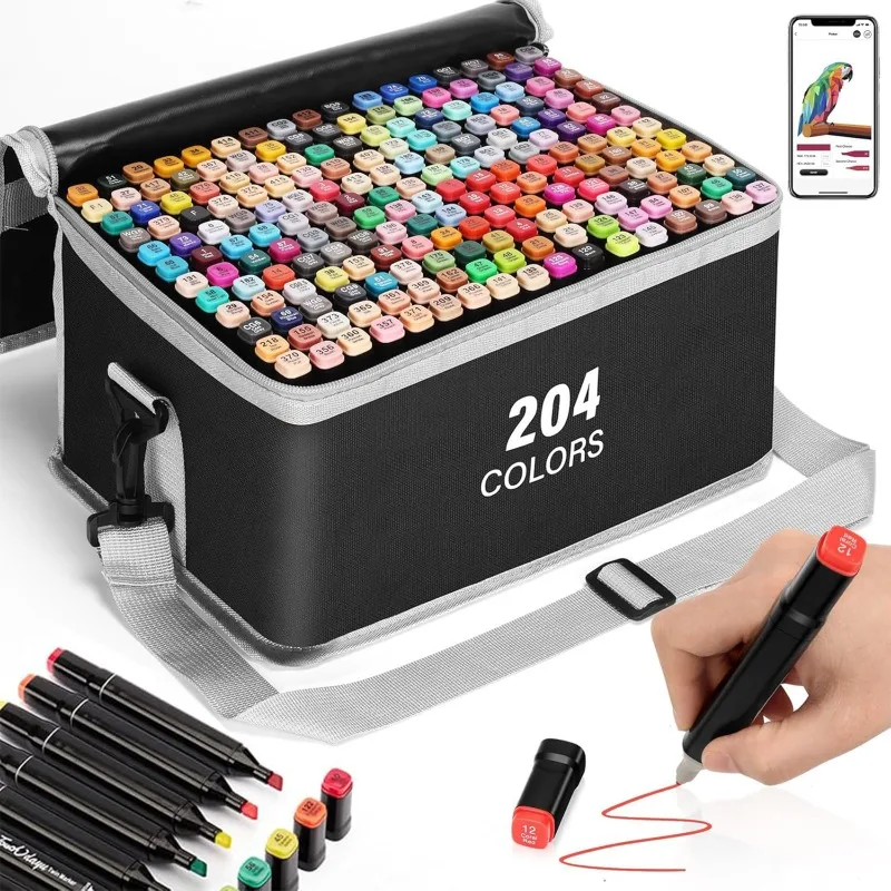Ensemble de marqueurs à double pointe de 204 couleurs (avec sac à bandoulière portable) - Dotés d'une conception à double pointe, ces marqueurs sont idéaux pour le manga, le dessin, l'illustration, le croquis, les livres de coloriage et les projets artistiques scolaires ; un excellent choix pour un cadeau artistique.
