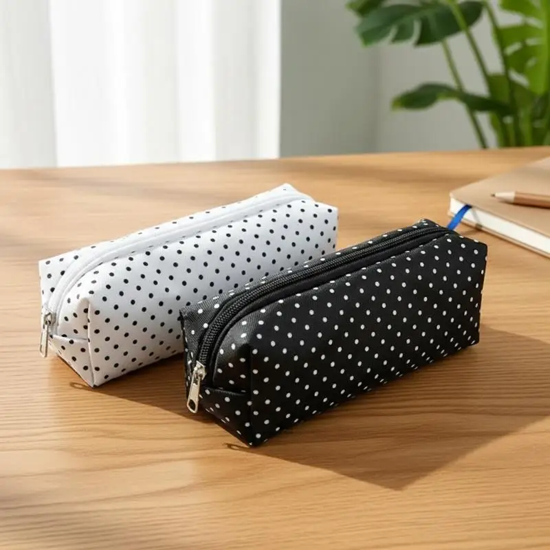 Polka Dot Pencil Case Set Large Capacity Canvas Zipper Pen Pouch For Students School Office Travel Makeup Storage