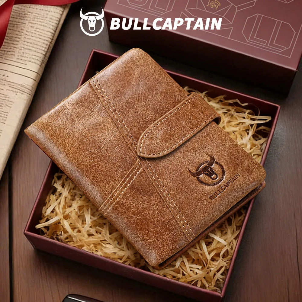 BULLCAPTAIN Genuine Leather Men's Wallet RFID Blocking Vintage Bifold Short Purse Cowhide Credit Card Holder with Coin Pocket