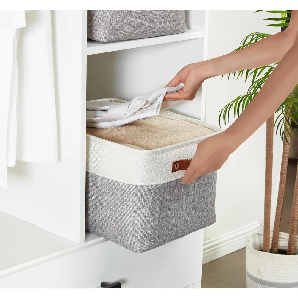 صناديق تخزين سلال تخزين قماشية للأرفف، ألعاب تنظيم خزانة الكتان (رمادي وأبيض، كبير - 3 عبوات)