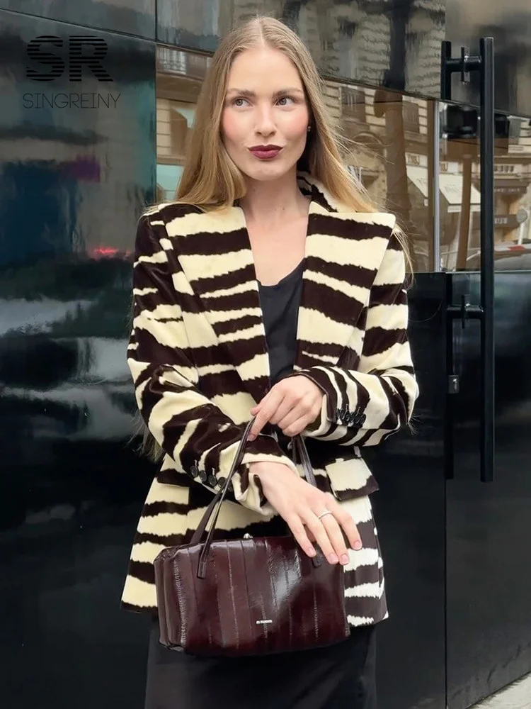 SINGREINY Zebra Print Casual Blazer Ladies Autumn Lapel Full Sleeves Fashion Coat French Style Senior Vintage Workwear Outwear