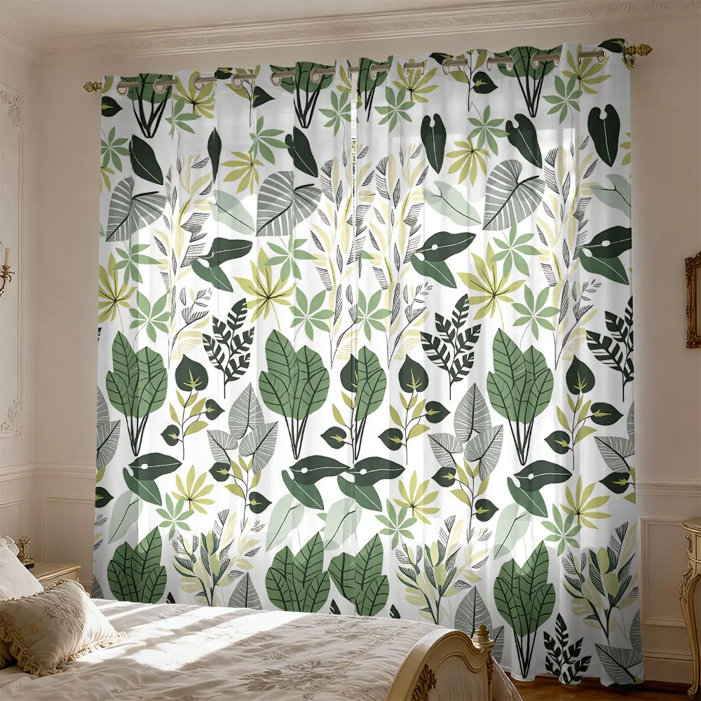 2PCS Fresh Green Plant Illustration Eyelet Blackout Curtains Privacy Window Drapes Fashion Home Decor Living Room Bedroom