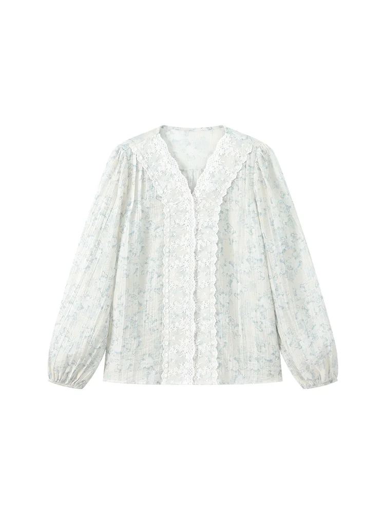 Lace Trim Floral Blouse Women Summer Puff Sleeve Vintage Loose Fit Elegant Lightweight Button Down Shirt Top with Ruffle Detail
