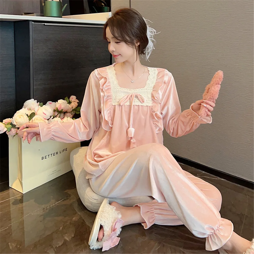 Velvet Pajamas Women Autumn Winter Sleepwear Long Sleeve Pullover Pants Casual Nightwear Loose Home Clothes Sleep Set