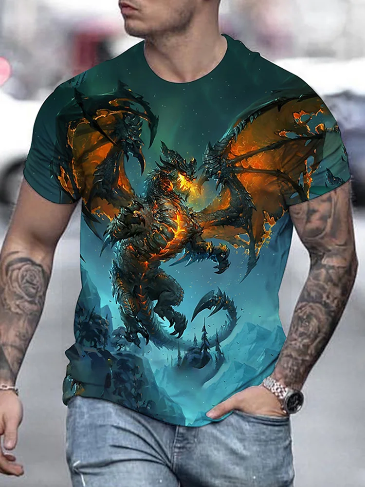 Animated 3D Dragon Pattern Summer Men\'s Casual T-Shirt Outdoor Sports Comfortable Short Sleeves Street Fashion, Round Neck Tops