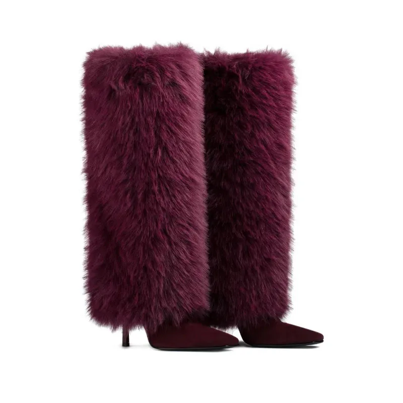 

Women's Fox Fur Cotton Boots Knee High Boots Stiletto Heel Pointed Toe Luxurious Warm Perfect Winter Fashion Big Size