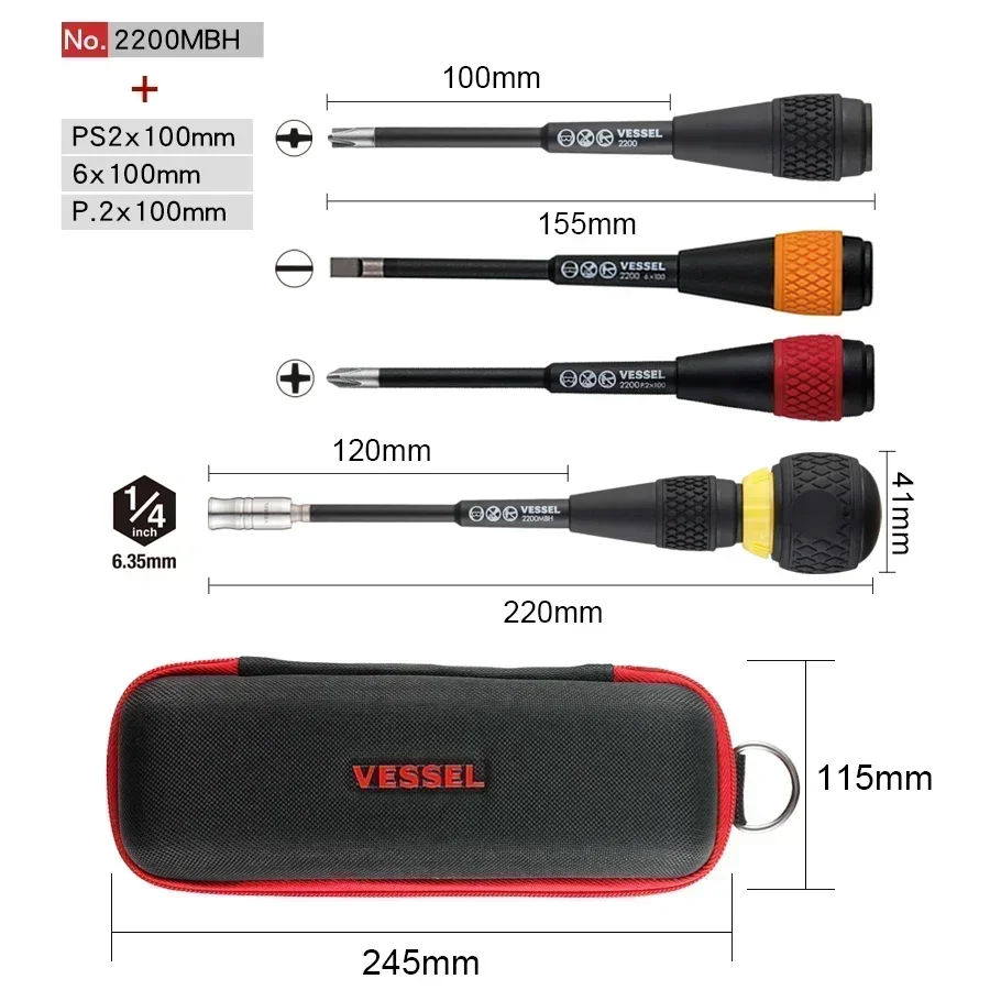 VESSEL 100mm Ball Handle Ratchet Interchangeable Lever Screwdriver, Electrician's Repair Hand Tools 5 Piece Set 2200MBHCPS2-4