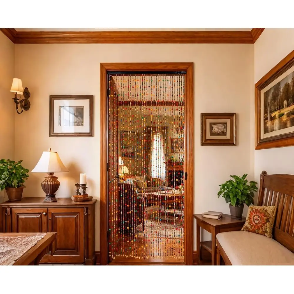 ستارة مطرزة خشبية بوهيمية متعددة الألوان مقاس 36 × 79، ديكور مدخل على طراز الهبي، معالجة نافذة تشبه الخيزران الطبيعي، ديكور منزلي