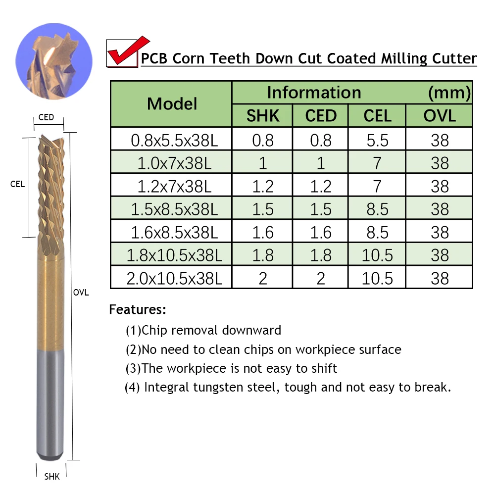 10PCS PCB Router Bits 0.8-2.0mm Down Cut Solid Carbide Corn Teeth Coated Milling Cutter CNC Tools for Circuit Board electrical