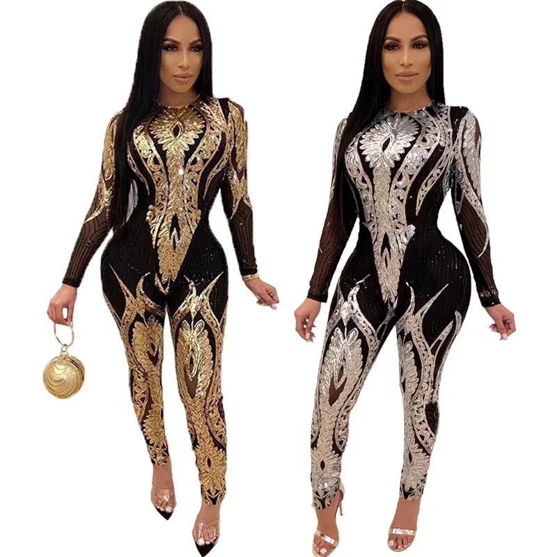 เซ็กซี่ SHEER ตาข่ายเรขาคณิตเลื่อม Jumpsuit ผู้หญิงไนท์คลับผอมแขนยาว Rompers One ชิ้นชุดวันเกิด
