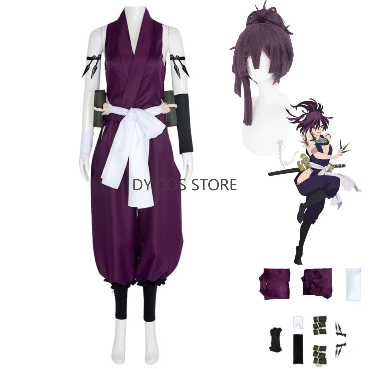 

Anime Hell's Paradise Yuzuriha Cosplay Costume Deep Purple Tops Combat Uniform Full Set Wig Woman Sexy Carnival Party Suit