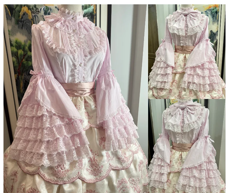 2025 ฤดูใบไม้ผลิใหม่ Original 100% Cotton STAND COLLAR Lolita ลูกไม้ Ji แขนเสื้อผีเสื้อหวานน่ารักสาวผู้หญิงเสื้อเสื้อ