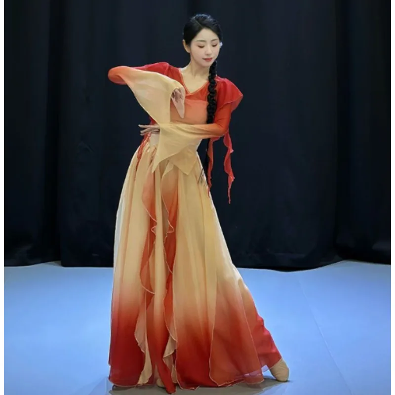 Gradual Change Dance Costume Elegant Double Layer Skirt Stage Performance Outfit Classic Dance Apparel Ethereal Drifting Gown