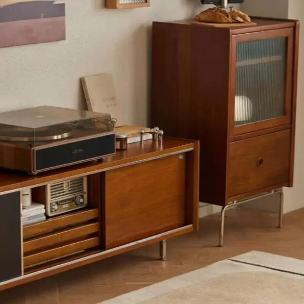 French retro solid wood TV cabinet medieval small apartment living room household Bauhaus stainless steel leg log TVcabinet