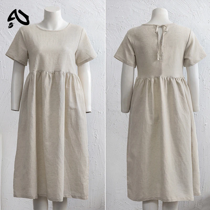 Original Women Cotton Linen Midi Dresses Summer Chic Female Vestidos Loose Soild A-Line Dress Short Puffy Sleeve Casual Sundress