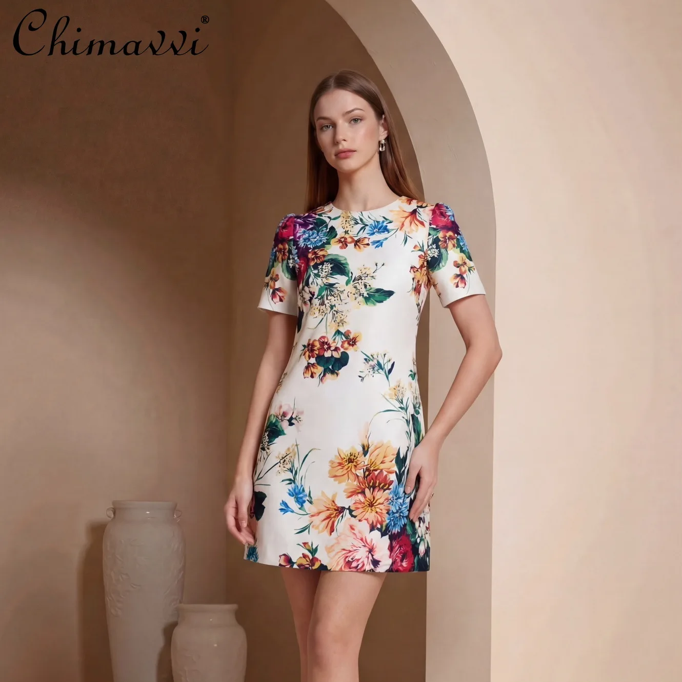 

2026 Spring Summer New Exquisite Hand-beaded Floral Print Short-sleeve Dress Fashion Round Neck Slim Fit Elegant Vintage Women