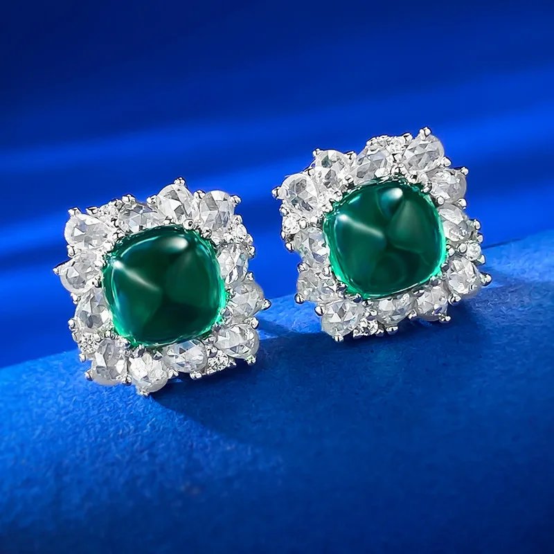 New Fat Square Plain Noodle Flat Bottom Sugar Tower Emerald 7 * 7mm Retro Niche Earrings Female Zircon Ears