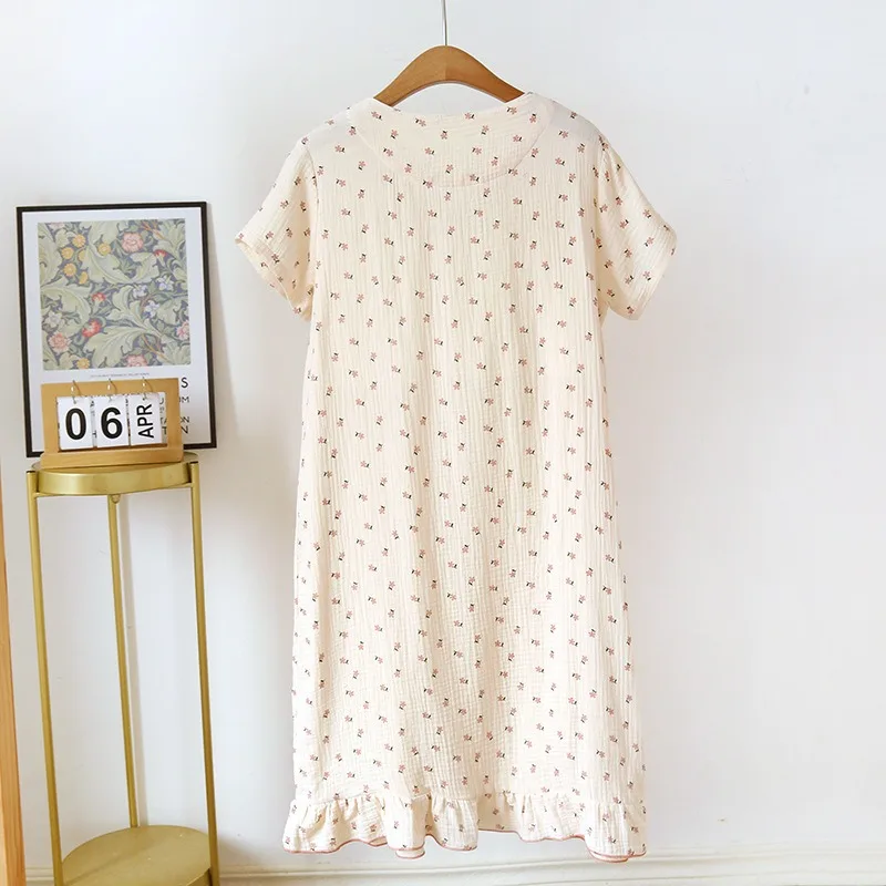 Korean Style Sleepwear Womens Nightgown Floral Night Dress Summer Lace V-neck Pullover Sleep Nightwear Ruffles Pajamas Short Sle