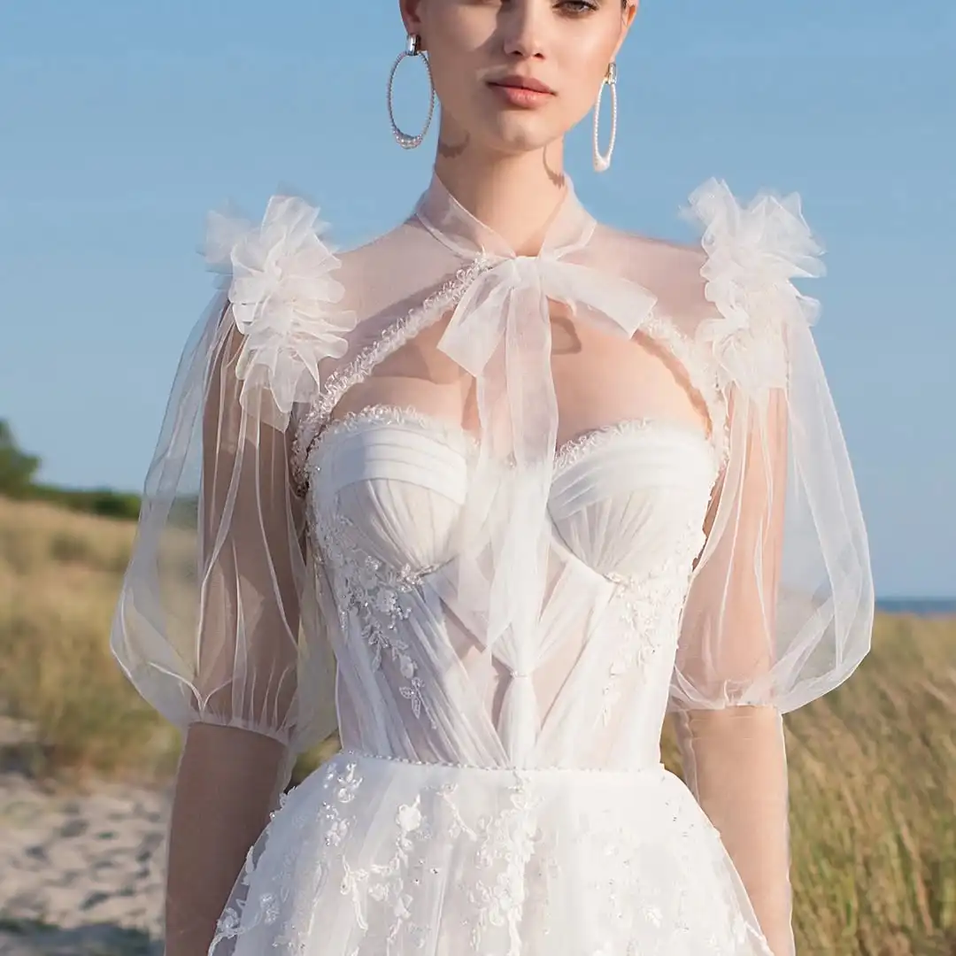 Customized Romantic Beach Boho White Wedding Dress Featuring High Neck Sheer Tulle Bow Tie Collar, Detachable Puff Short Sleeves