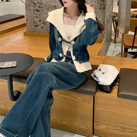 

Spring 2025 New Fashion, High-end Temperament Denim Jacket Top Wide-leg Pants Two-piece Set