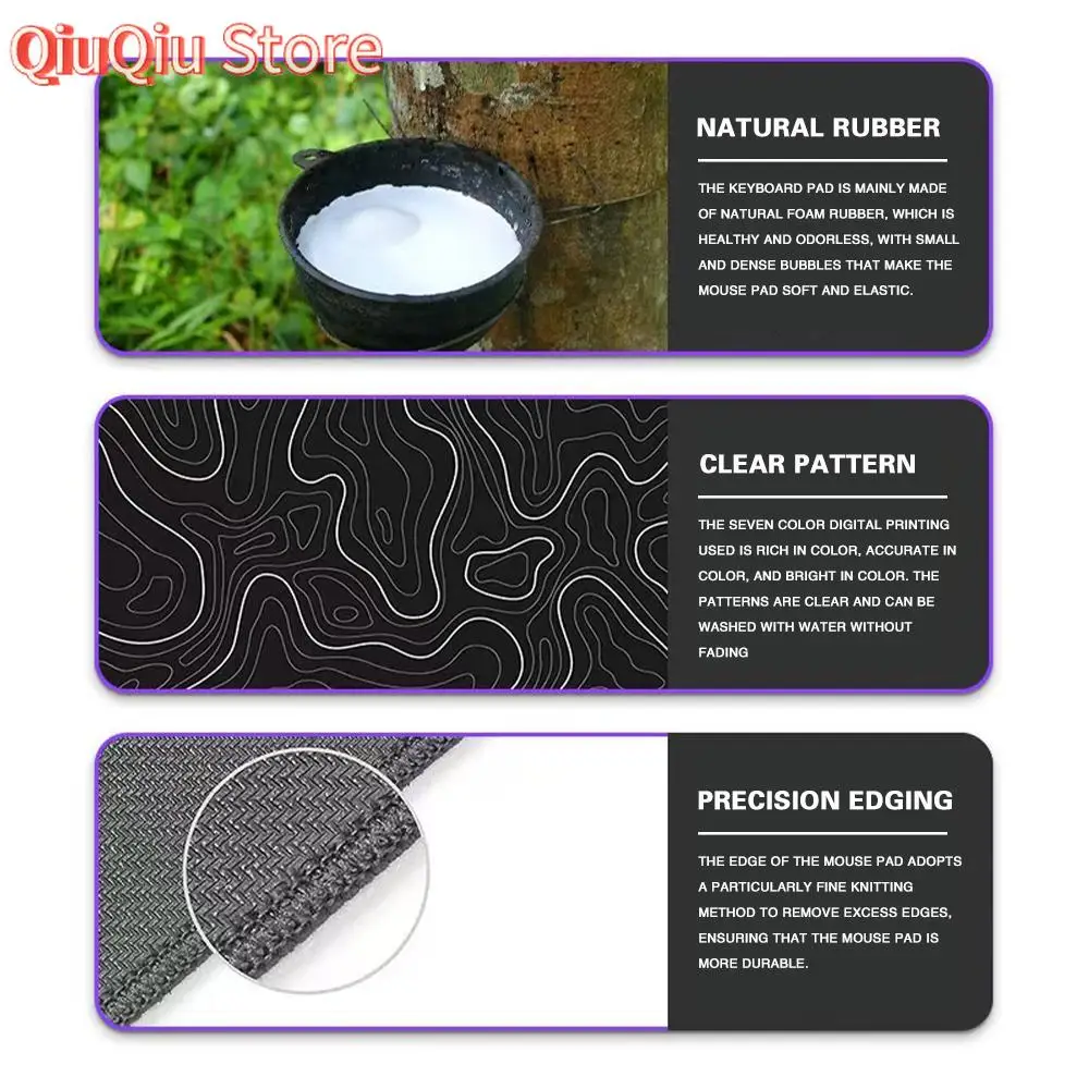 Alfombrilla de ratón para juegos con mapa topográfico grande: alfombrilla de escritorio extendida con diseño de línea de contorno, bordes cosidos y base de goma antideslizante O