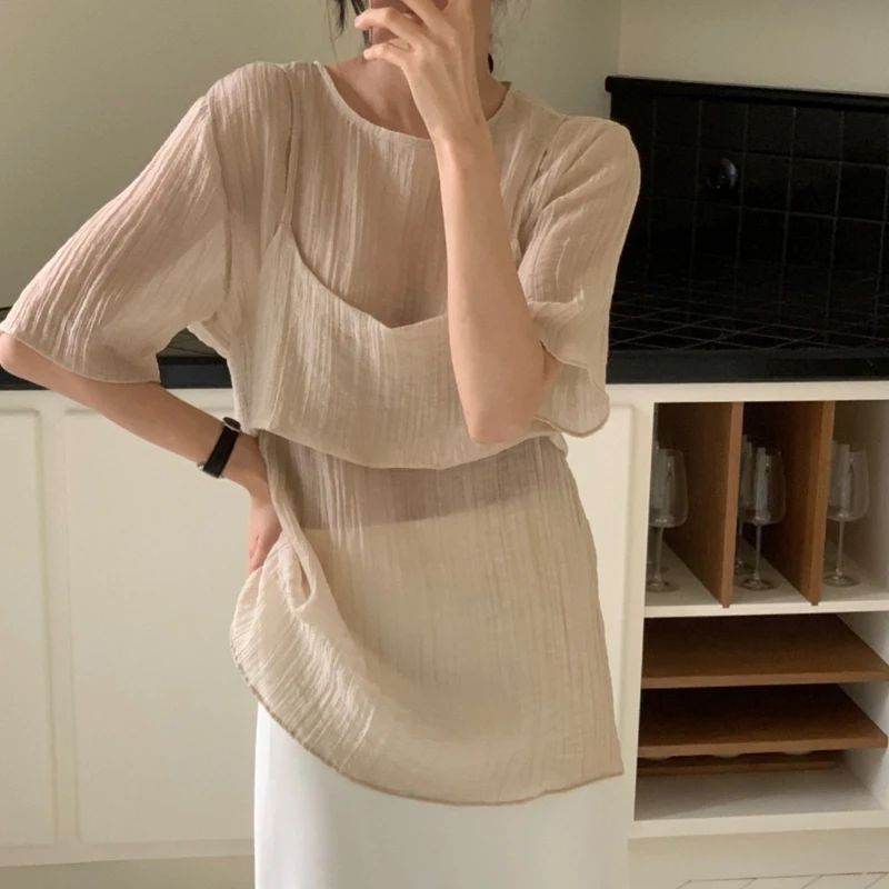 

REALEFT Summer 2 Pieces Strapless Vest and T-shirts Suits 2025 New Short Sleeve Solid O-neck Casual Loose Shirts Tops Female