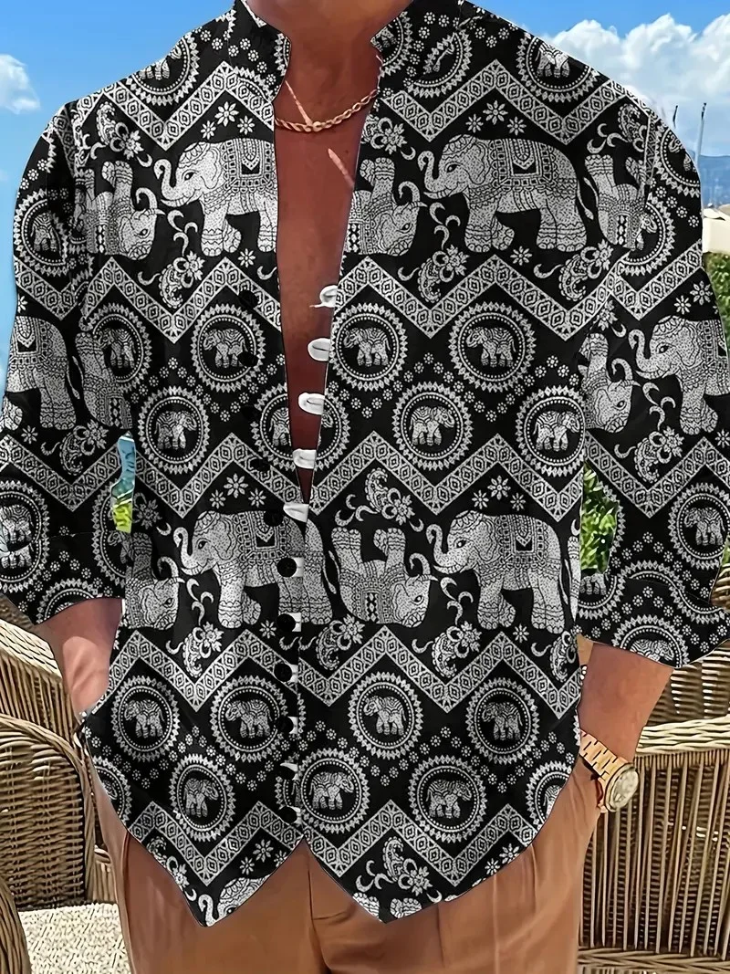 

Men Linen Shirts New Print Button Shirt Fashion Stand Up Collar Loose Men's Shirts Streetwear Casual Beach