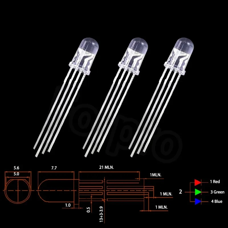 1000PCS 5MM  Clean/Matte 4 Pins  LED Lamps  red Blue green common cathode led  Total negative RGB LED Electronic components