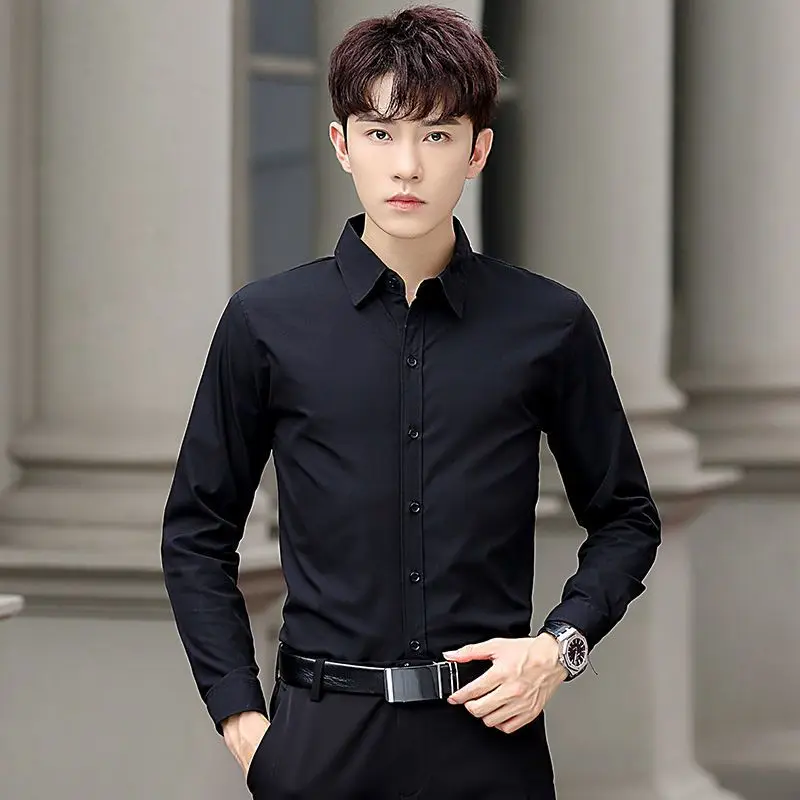 Camisa Negra de Manga Larga para Hombre, Ropa Formal de Negocios, Uniforme de Servicio sin Plancha, Conjunto de Uniforme para Personal de Bar, Ropa de Trabajo de Corte Estándar con Botones