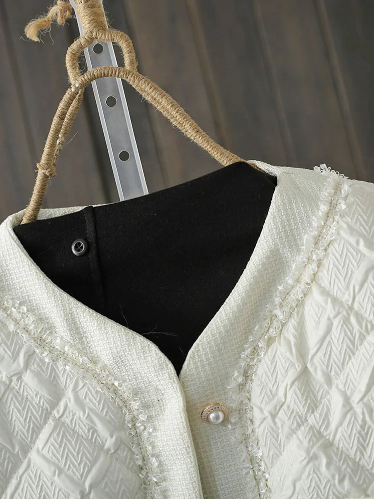 Lekka, cienka damska kurtka bawełniana z diamentową siateczką, krótki okrągły dekolt, jesienno-zimowa modna damska kurtka, ciepła kurtka damska z bawełnianą podszewką.