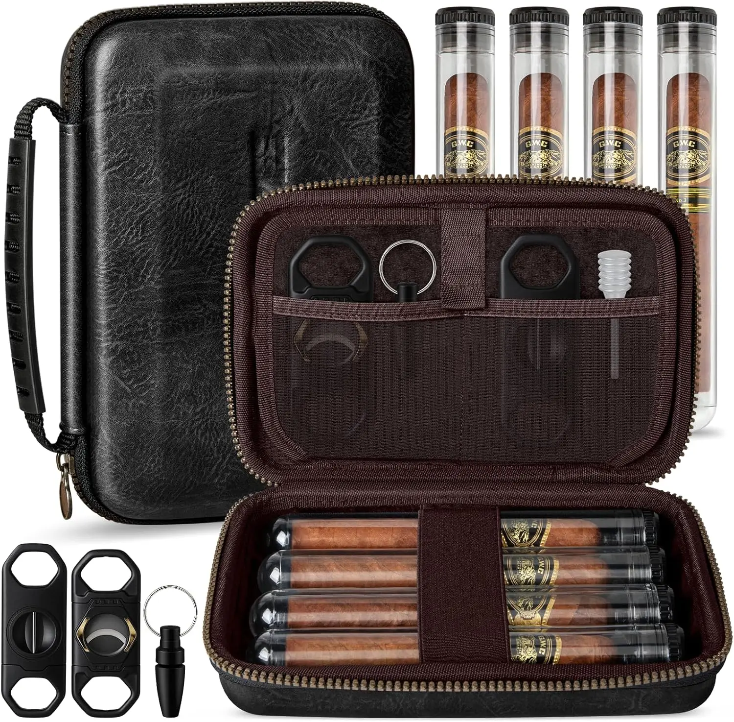 

Cigar Case, Portable Cigar Bag with 4 Cigar Tubes, Leather Cigar Case Include Flat Cutter, V Cutter, Hole Puncher, Cigar lovers