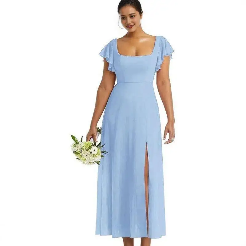 Boda larga de gasa dividida Dr adelgazante Bal amigo boda Dr vestido de noche tela de poliéster de cintura alta