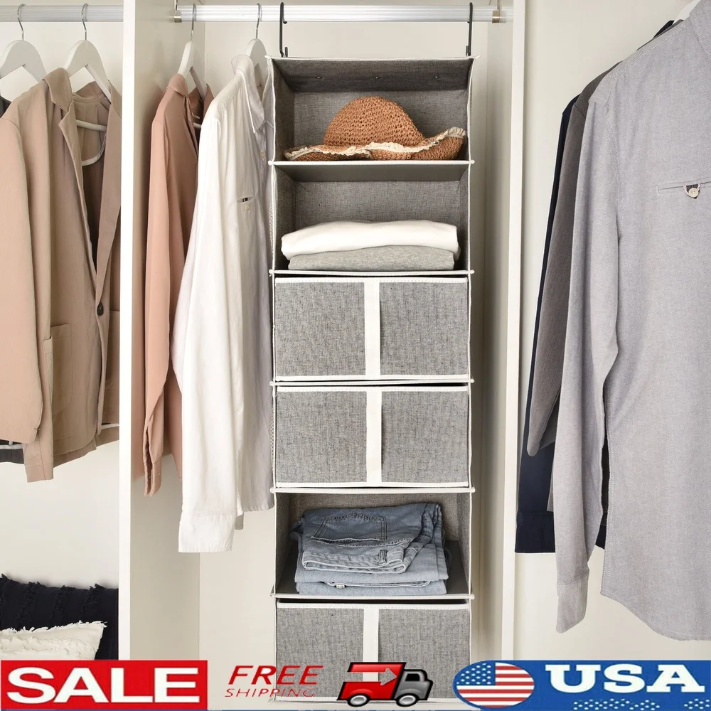 

Foldable Hanging Closet Organizer with 6 Shelves and 3 Drawers Efficient Storage Space Utilization in Wardrobe or Coatroom