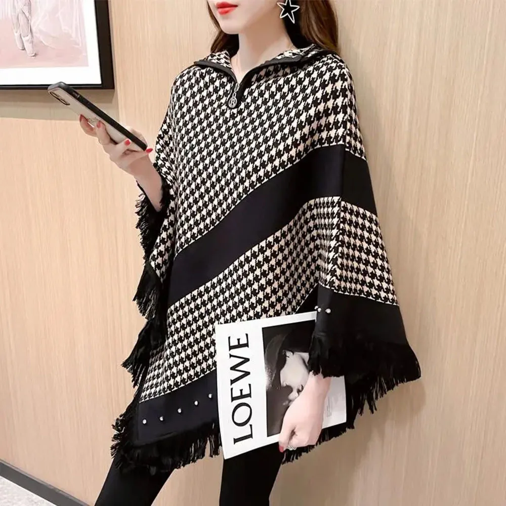 Autumn Winter Diamond Women\'s Poncho Tops Fashion Plaid Tassel Cape Pullover Bat Type Sweater Irregular Cloak Knit Jumpers Shawl