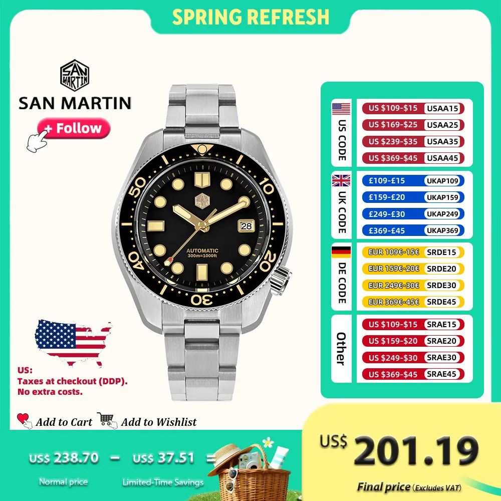 

San Martin Design 44mm Men Diver Watch MM300 Sport Steel Vintage NH35 Automatic Mechanical Sapphire Waterproof 300M Lum SN0087