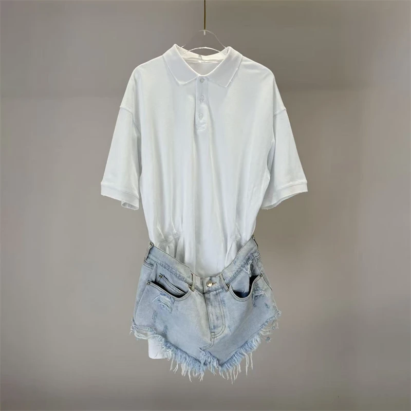 Autumn New Style Pure Cotton Color Block Polo ShirtShort Sleeve Dress Women's Fashionable Faux Two-Piece Frayed Denim Mini Skirt