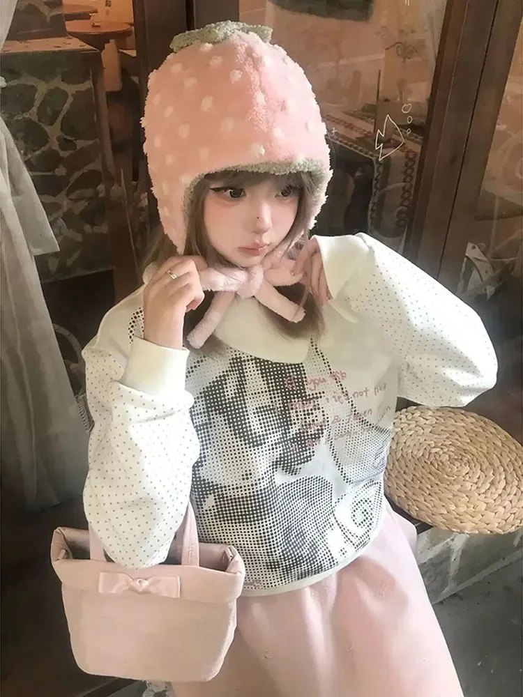 

Женская толстовка с мультяшным принтом Kawaii, в горошек, в стиле пэчворк, повседневная, свободная, милая, с капюшоном, весна 2026, в стиле гранж, эстетика Y2K