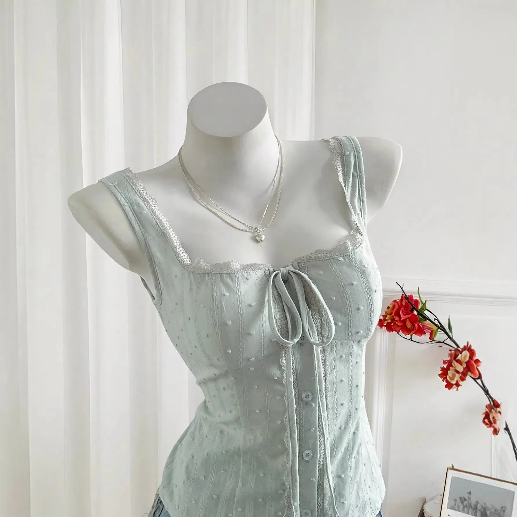 Summer Tank Top Cotton Wide Strap Loose Fit Crop Button Front Sleeveless Top Square Neck Camisole Pastel Green Crimson Red