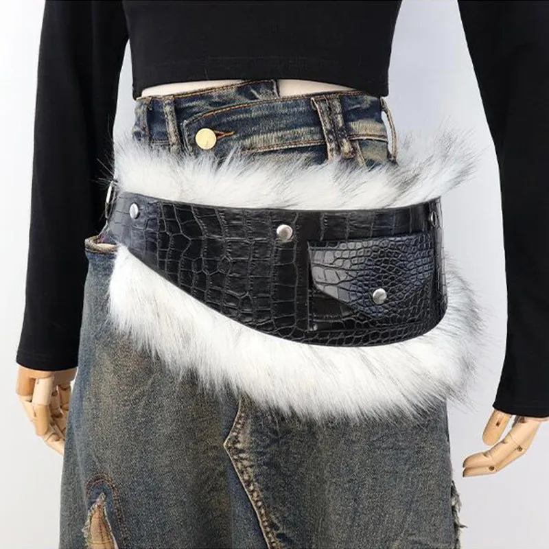

Vintage Faux Fur PU Leather Belt Medieval Retro Wide Waistband for Women Elegant Waist Belt Waist Chain Jeans Pants Decoration
